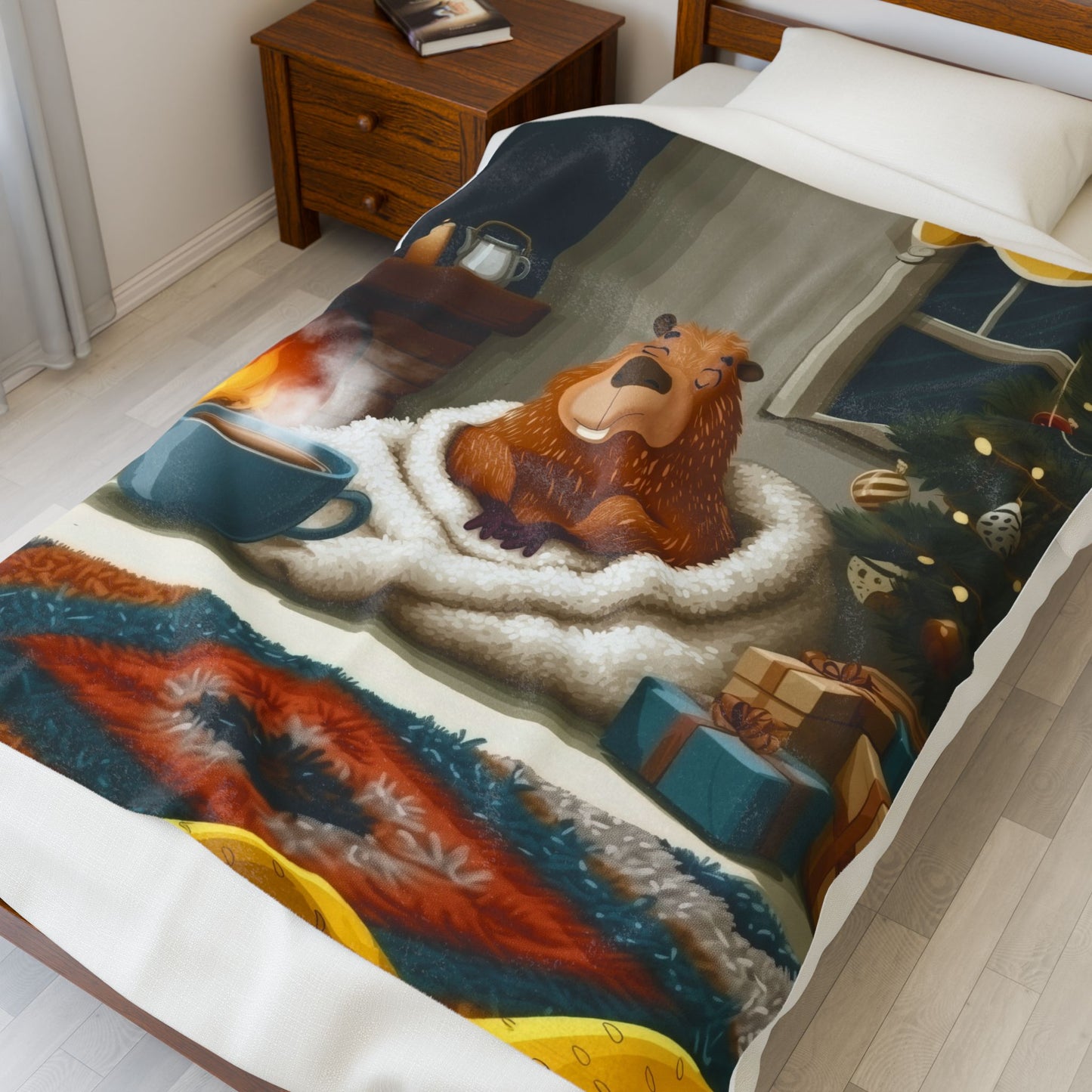 Christmas Capybara Cocoa And Chimney - Velveteen Plush Blanket